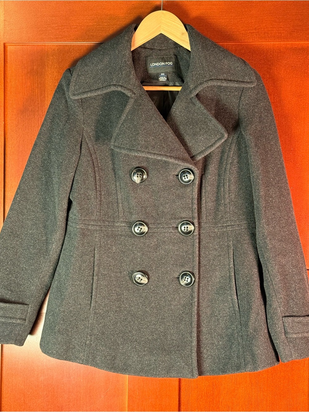 London Fog Black Wool Blend Peacoat Petite Medium Double Breasted Fit Flare